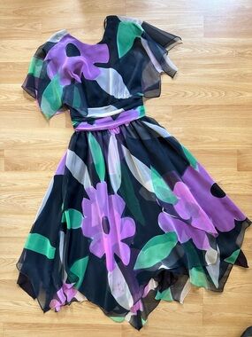 Vintage A.J. Bari Floral Chiffon Midi Dress Black Lavender Green Size 6 1980s